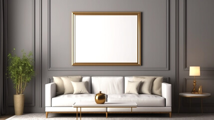 Interior modern gray room with empty frame mockup. Copy space. Generative AI