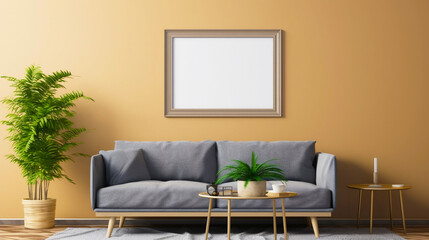 Interior modern classic light room with empty frame mockup. Copy space. Generative AI