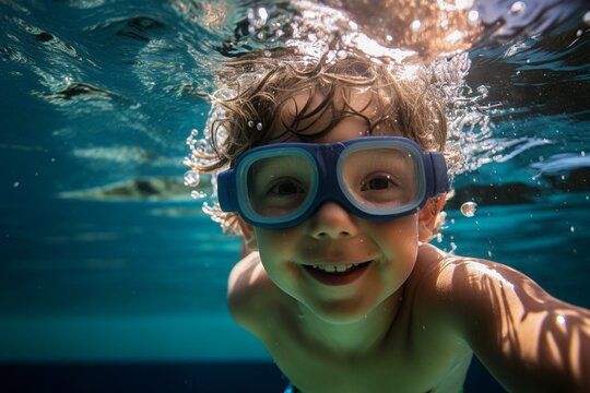 A child dives in a swimming pool
