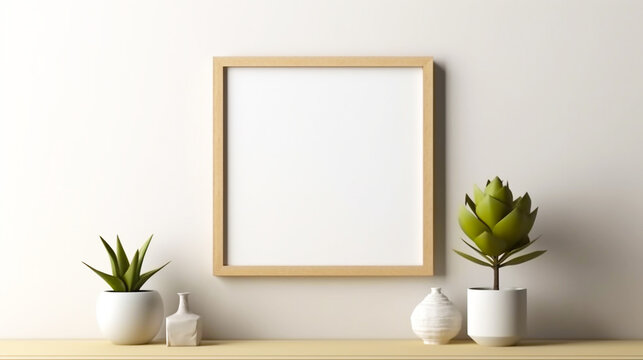 Empty photo picture frame mockup on modern  Interior background. Copy space. Generative AI