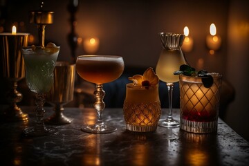 Assorted cocktails on a dimly lit bar. Generative AI
