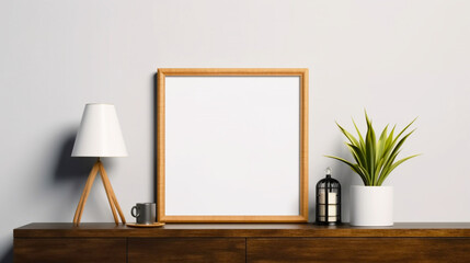 Empty photo picture frame mockup on modern  Interior background. Copy space. Generative AI