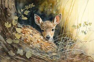 Watercolor painting of a fawn nestled in the woods. Generative AI