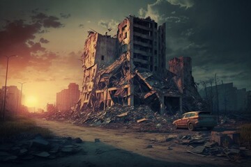 Fototapeta na wymiar Post-war city ruins in Ukraine. Apocalypse with destroyed buildings. Generative AI