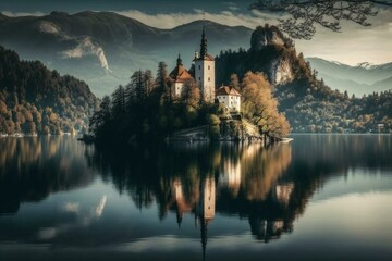 Scenic view of Bled Lake with a majestic castle. Generative AI