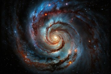 Spiral galaxy w/ blue center, stars, black background, white center, & red center. Generative AI