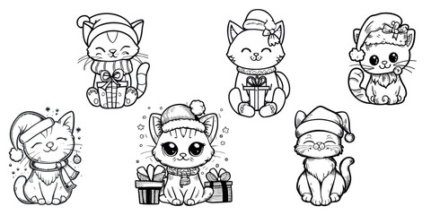 Cartoon Christmas cat, drawing for coloring, black outline on a transparent background.

