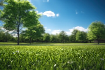 Low angle view of vibrant green grass field in the park on a beautiful sunny day