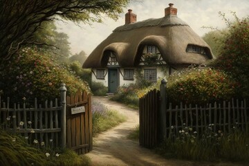 A house with a thatched roof, garden path, and gate. Generative AI