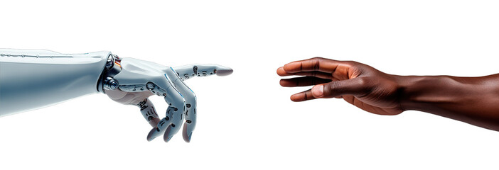 Human hand trying to reach robotic android hand. Artificial Intelligence conquer concept - Powered by Adobe