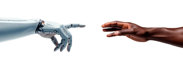 Foto op Plexiglas Human hand trying to reach robotic android hand. Artificial Intelligence conquer concept © Pajaros Volando