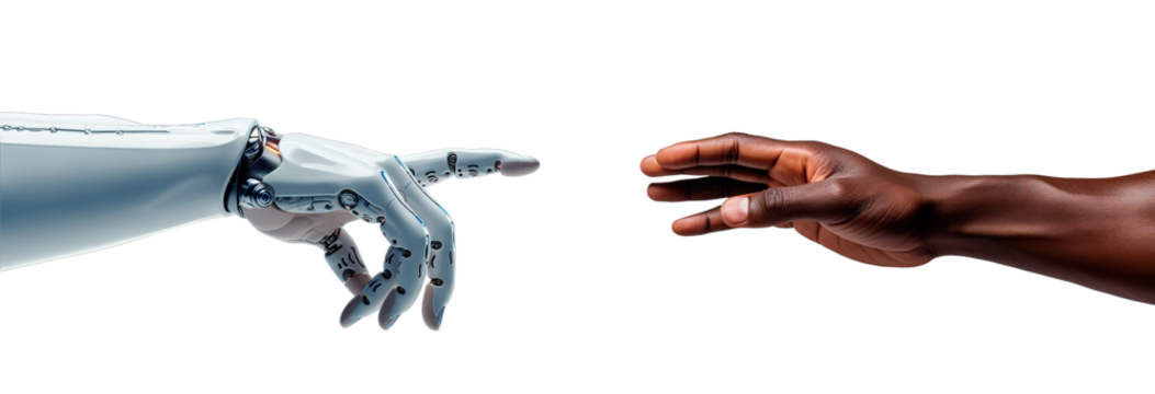 Human hand trying to reach robotic android hand. Artificial Intelligence conquer concept