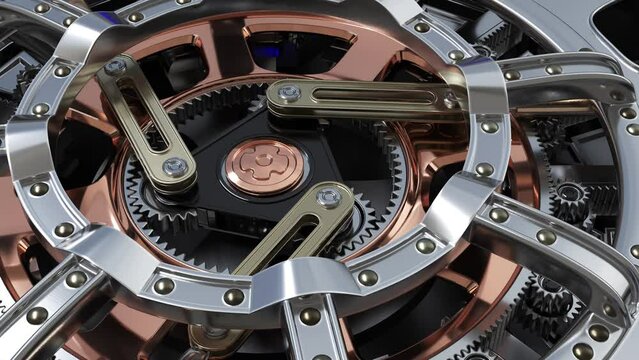 The internal lock mechanism of a bank safe door in action. 3d animation