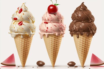 Real, delicious ice cream cone with vanilla, chocolate, and strawberry scoops, placed on plain white background. Generative AI