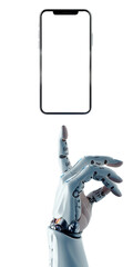 Robotic hand trying to touch smart phone with scree with copy space. Isolated transparent background