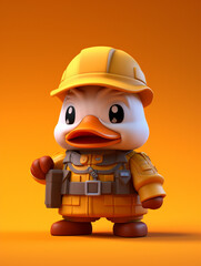 A Cute 3D Duck Dressed Up as a Firefighter on a Solid Color Background