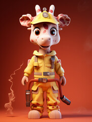 A Cute 3D Giraffe Dressed Up as a Firefighter on a Solid Color Background