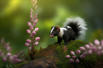 black and white skunk in nature with lavenders