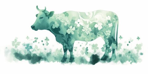 green aqualree of a cow on a green meadow with flowers