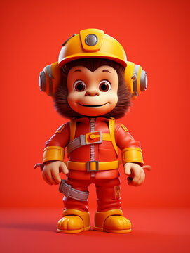 A Cute 3D Monkey Dressed Up as a Firefighter on a Solid Color Background