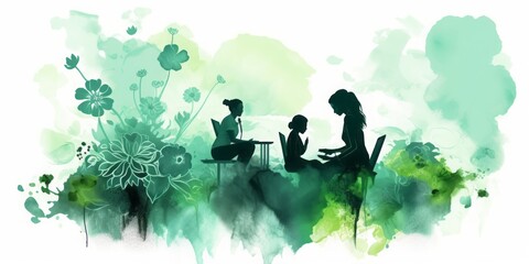 Obraz na płótnie Canvas home office, green aquarell painted silhouette of a strong woman in the office. Surrounded by flowers, she exudes empowered body language, epitomizing green management