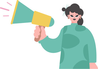 Enabled Voice. Young lady with Amplifier. Separated on White.