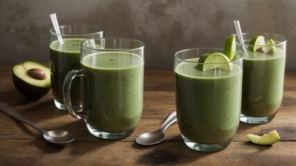 looking looking glass jolt countenance with green health smoothie , Michigan leaf , birdlime , apple , New Zealander , grapeshot , banana , avocado , lettuce. Creative resource, AI Generated