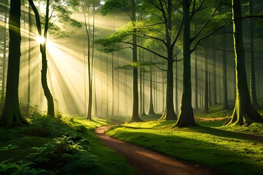 An enchanting afforest illuminated by cauterize of sunlight filtering through the dense canopy of corner. Creative resource, AI Generated