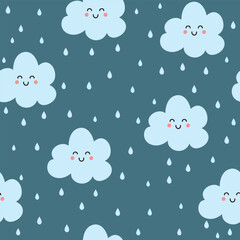 Seamless pattern with clouds and rain drops. Cute background for kids. Vector illustration. It can be used for wallpapers, wrapping, cards, patterns for clothes and other. 