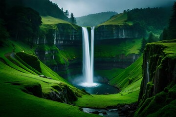 A imperial waterfall surrounded by alcoholic greenery and iniquity , showcasing the baron and collision of nature. Creative resource, AI Generated - obrazy, fototapety, plakaty