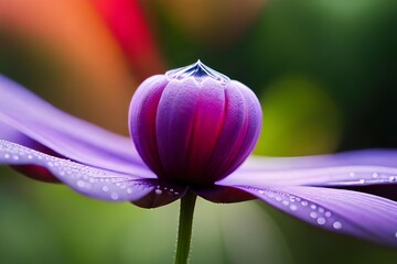 Fototapeta premium A closeup smash of a finespun dewdrop resting on the petal of a vibrant efflorescence. Creative resource, AI Generated