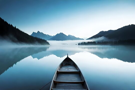 A sedate dawn movie with a fogcovered lake and a lone dinghy drifting peacefully. Creative resource, AI Generated