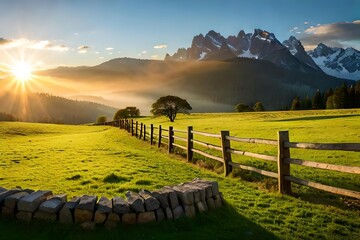 A composure tune countryside landscape with graze overawe , a agrestic wooden fence , and a well - defined blue sky. Creative resource, AI Generated - obrazy, fototapety, plakaty