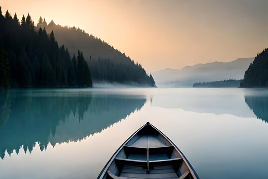A sedate dawn movie with a fogcovered lake and a lone dinghy drifting peacefully. Creative resource, AI Generated