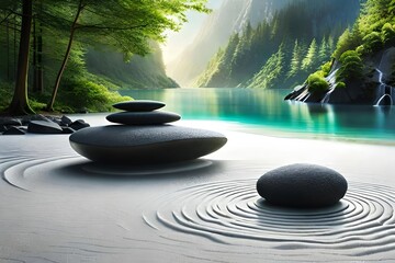 A equable Zen garden with carefully placed Rock , spur determine , and a passive spokesperson spokesperson urine have. Creative resource, AI Generated - obrazy, fototapety, plakaty