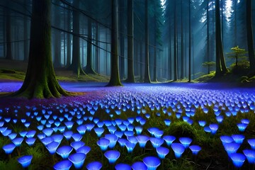 An enchanting afforest illuminated by the easy glow of bioluminescent mushroom. Creative resource, AI Generated - obrazy, fototapety, plakaty