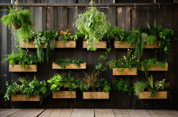 Fototapeta na wymiar Pflanzen in Behältern aufgehängt an einer Wand, moderne Raumgestaltung, Ai generiert