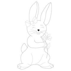 Coloring pages. The contour of a cute bunny with a bow and a flower on a white background. Smiling. Cartoon vector illustration. Beautiful animal.