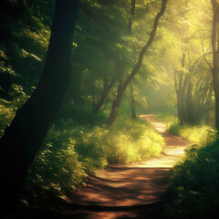 Sunbeams filter through the dense foliage, lighting the way on the forest path