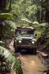A jungle Safari Jeep in the forest muddy off road 
