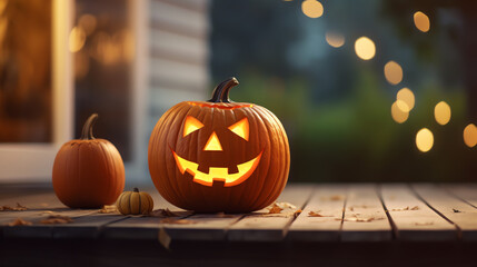 Halloween pumpkins and decorations outside on porch of house at night. Jack O’ Lanterns. Evening lights. Halloween design with copy space. Generative AI