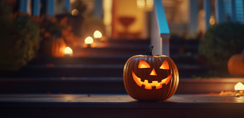 Halloween pumpkins and decorations outside on porch of house at night. Jack O’ Lanterns. Evening lights. Halloween design with copy space. Generative AI