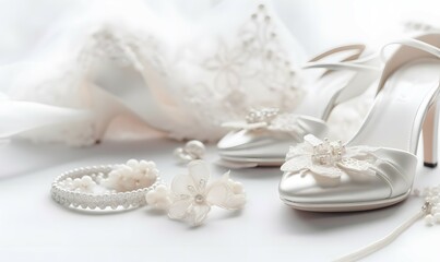 Obraz na płótnie Canvas Wedding shoes and accessories on white background