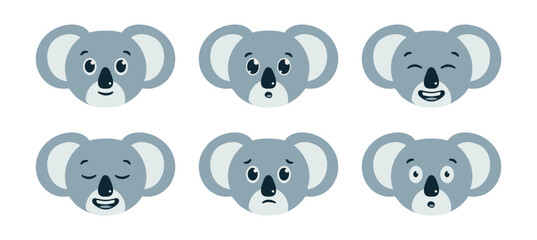Fototapeta premium Set of emotions of a cute Koala. Australian bear muzzle avatar. Head of smiling and surprised animal. Sad and relaxed face. Laughter. Portrait Character for the zoo. Vector illustration.