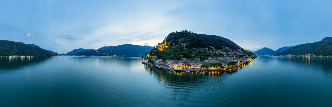 Aerial image of the parish church Madonna del Sasso stands on the high hill of Vico Morcote.