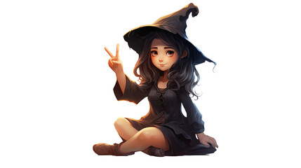 Little Witch Sitting Down And Throwing Peace Sign With Slight Smile. Transparent Background. Generative AI.