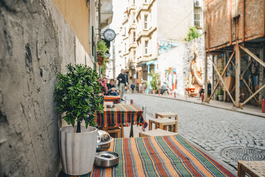 Exterior view of the cafe on the streets next to the Galata Tower, Istanbul