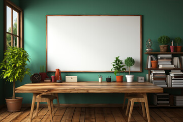 Fototapeta premium Whiteboard for markers on wooden floor. Created with Generative AI