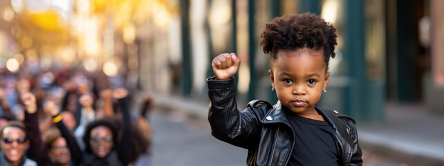 Black baby, kid with fist raised, black history month concept, african american girl, copyspace, blank space for text, inclusivity and diversity, protest