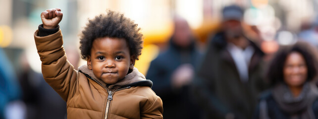 Black baby, kid with fist raised, black history month concept, african american boy, copyspace, blank space for text, inclusivity and diversity, protest